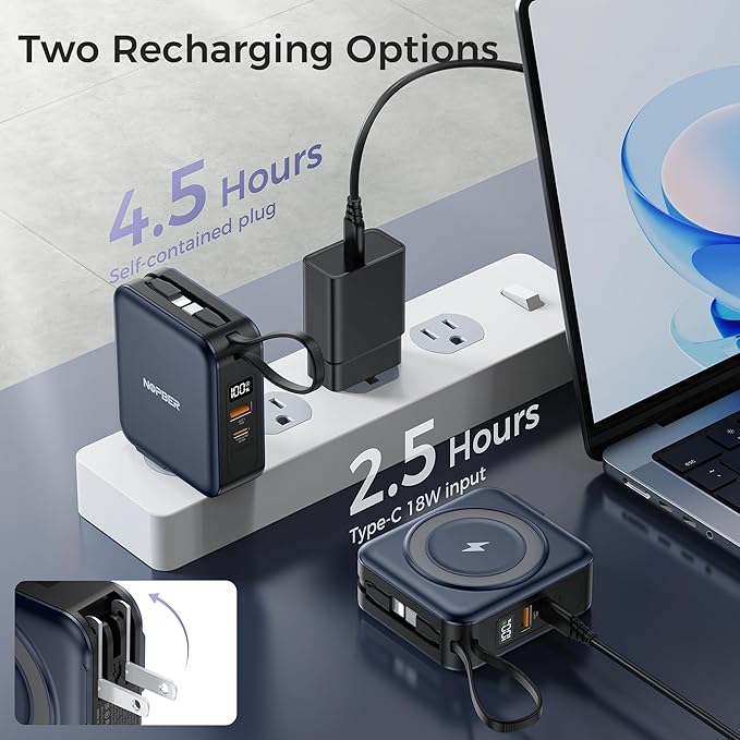 6-in-1 Magnetic Wireless Portable Charger 10000mAh – 22.5W Fast Charging with AC Wall Plug Built-in USB-C & Lightning Cables for iPhone 17/16/15/14/13/12, Android & Samsung(Deep Blue)