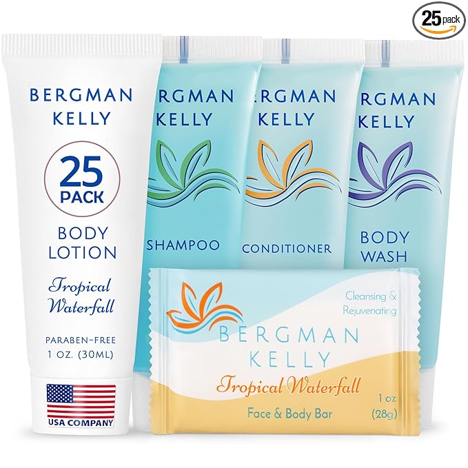 BERGMAN KELLY - Hotel Toiletries Bundle - Tropical Waterfall, 1 oz ea, 125 Pieces - 5-Piece Set: 25 ea Rectangular Bar Soap, Shampoo, Conditioner, Body Lotion & Body Wash - Bulk Mini Guest Amenities