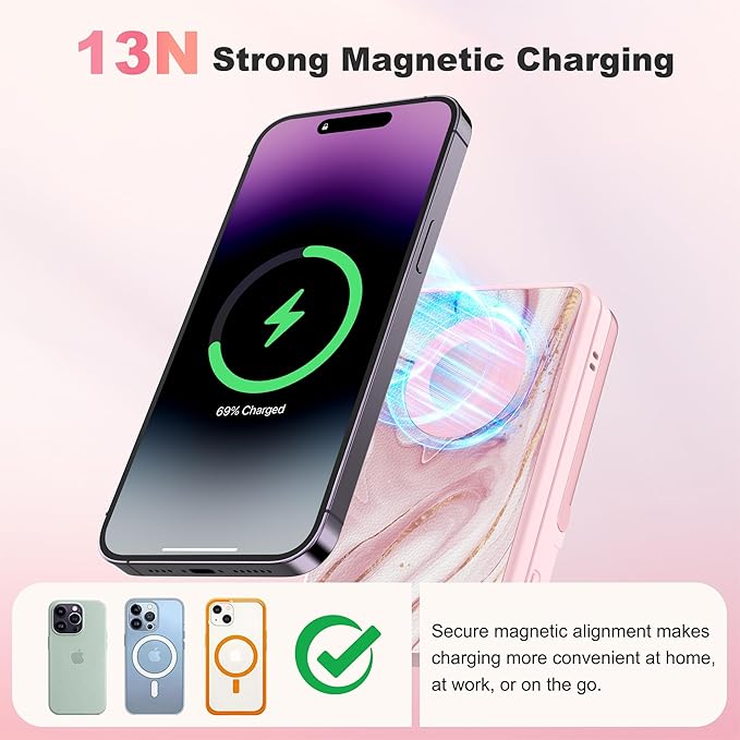5-in-1 Magnetic Power Bank, 5000mAh Portable Wireless Charger with Mirror, Stand, Bluetooth Remote & Card Holder, MagSafe Compatible Travel Essential for iPhone & Samsung, USB-C Cable Included