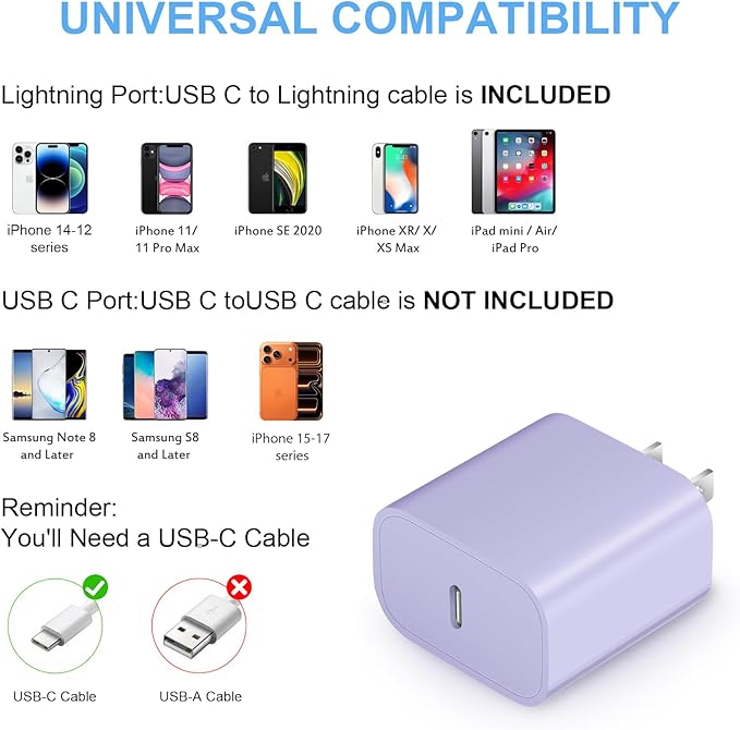 iPhone Fast Charger 3+3Pack 20W USB C Wall Charger with 10FT Fast Charging Cable Compatible with iPhone 14/13/12/11/Pro/Pro Max-Purple
