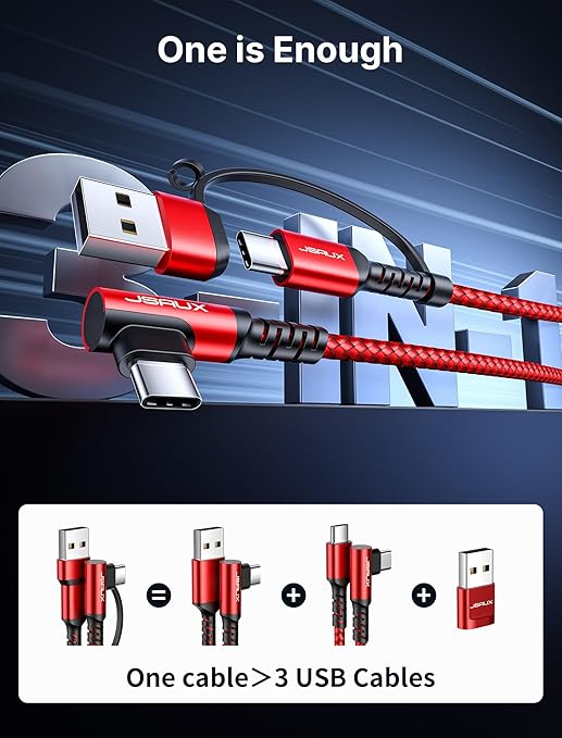 JSAUX 3-in-1 USB-C Cable 2-Pack 10FT, 100W Right Angle Fast Charging Cord with USB-A Adapter for iPhone 16/15, Galaxy S25/S24, iPad, MacBook, Steam Deck - Red