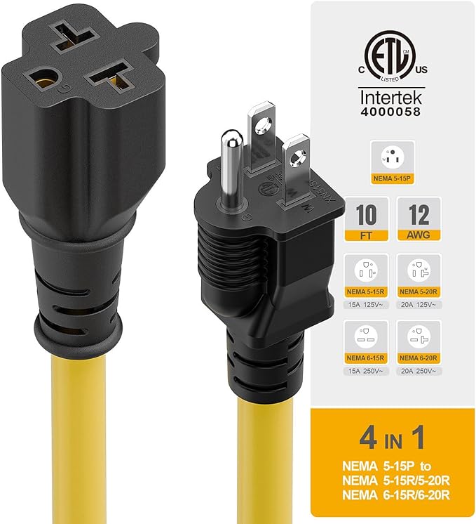 [10-Feet] NEMA 5-15P to 5-15R/ 5-20R/ 6-15R/ 6-20R AC Adapter, Plugrand 12AWG 15 Amp Household AC Plug to 20 Amp T Blade Adapter Cable, 15A 125V to 20A 250V Extension Cable, 10FT