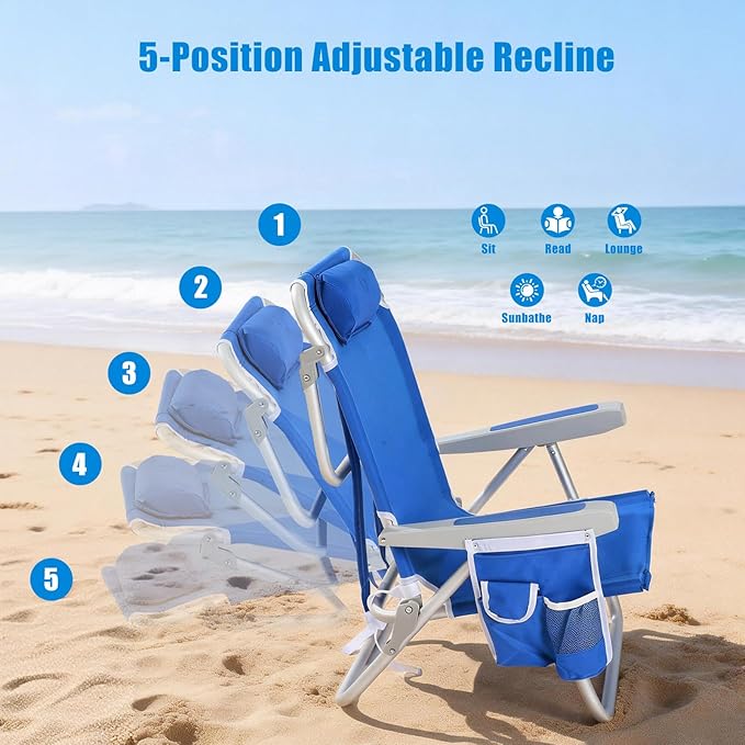 SUNNYFEEL Low Beach Chair, 5-Position Lay Flat Reclining, Backpack Portable Folding Chair with Cooler Bag & Cup Holder, Heavy Duty 350 LBS, Compact for Beach, Camping, Travel (New Blue)