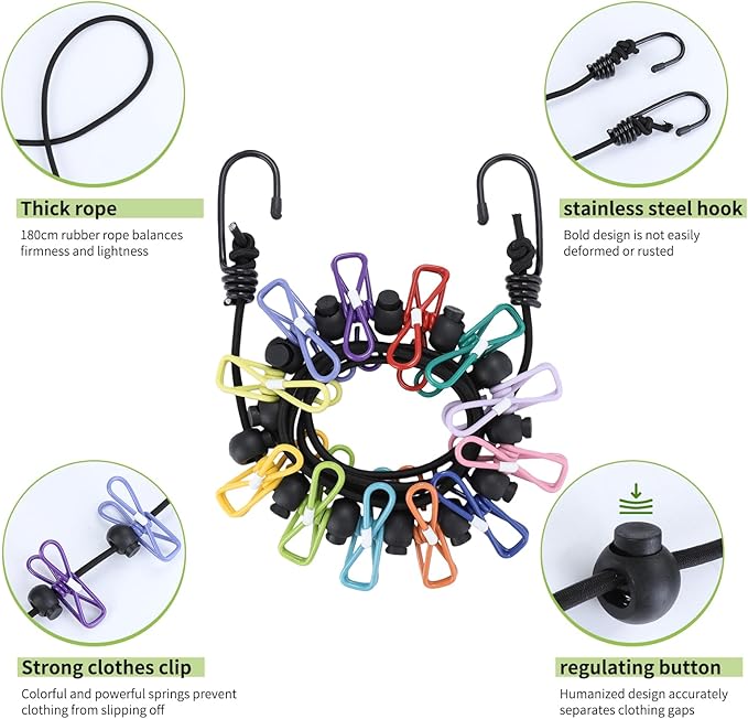 2 Pcs Camping Clothesline Portable 12 Clothespins, Camping Accessories Travel Clothesline for Outdoor Indoor, Retractable Clothes Line Elastic Clothesline, Windproof for Travel Camping Indoor Use