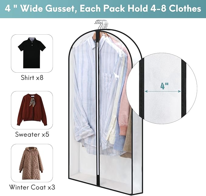 4 Pack - Dress Bags for Gowns Long W/ 4" Gussetes, 60'' Long Garment Bags for Gowns,Clear Garment Bags for Hanging Clothes, Dress Garment Bag for Storage and Travel - 24'' x 60''