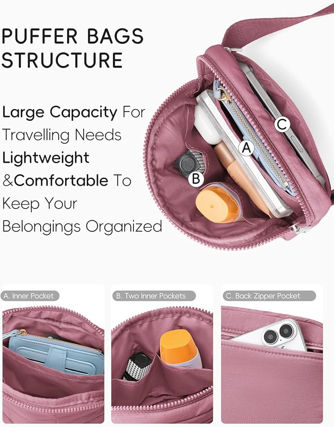 WESTBRONCO Puffer Fanny Packs for Women Quilted Nylon Waterproof Belt Bag with 2 Zipper, Puffy Crossbody Bag with Adjustable Strap, 1L Waist Bag for Travel Daily
