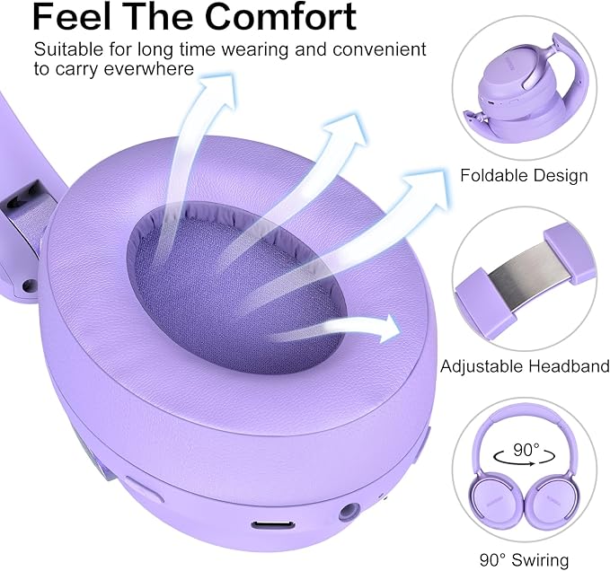 B8 Bluetooth Headphones Over Ear, 6 EQ Music Modes and 50H Playtime Deep Bass Wireless Headphones with Mic, Lightweight Folding HiFi Stereo Headset for iPad/Travel/Tablet/PC/Home Purple