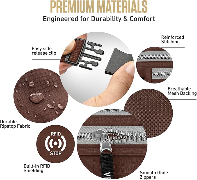 VENTURE 4TH Money Belt for Travel – Slim Hidden Under-Clothes RFID Blocking Anti-Theft Passport Holder & Travel Wallet Pouch for Men & Women to Protect Cash, Cards & Documents (Brown)
