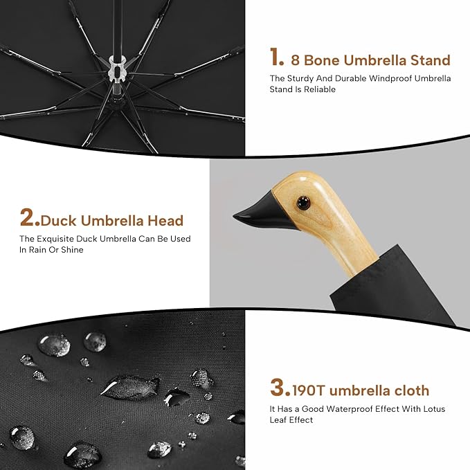 Compact Small Umbrellas for Rain&Sun, Cute Design Duck Head Umbrella for Girls Gifts, 8 Ribs Folding Umbrella with Wooden Handle