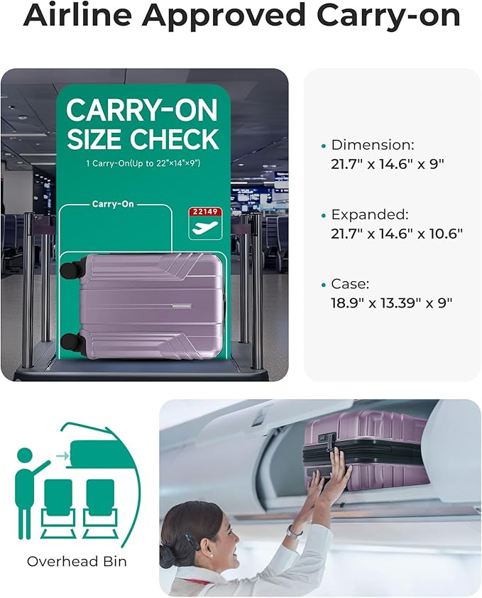 BAGSMART Expandable Carry On Luggage 22x14x9 Airline Approved, 20 Inch Travel Luggage with Spinner Wheels, Lightweight Hard Shell Suitcase Carry on Lavender Purple