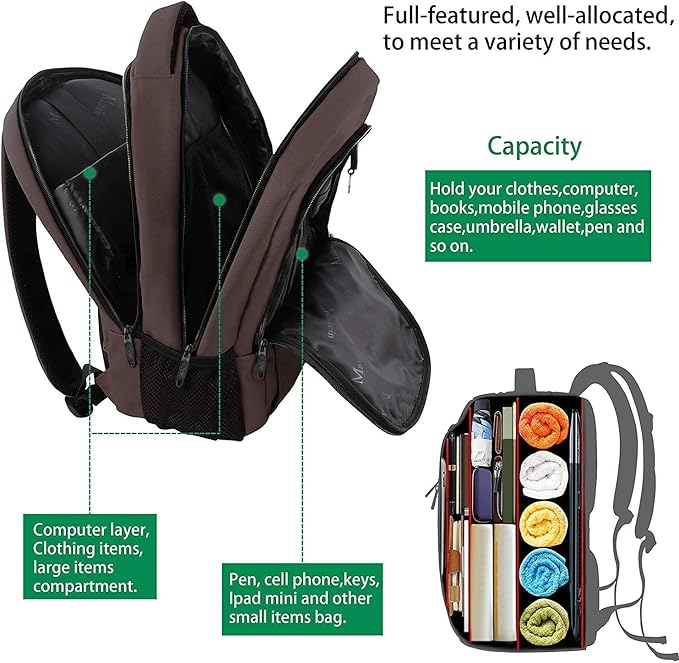 MATEIN 32L Laptop Backpack, Water Resistant School BookBag Fits 15.6 Inch Laptop Computer, Sturdy Personal Item Bag Casual Travel Daypack Carry on Underseat Luggage Backpack for Airlines, Brown