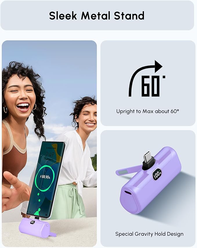Handy Purple USB C Power Bank Portable Phone Charger With Stand, 5000mah Mini Battery Pack Backup Charger with Digital Display for iPhone 17/16/15 series, Littile Mobile Charger for Samsung/Google/LG