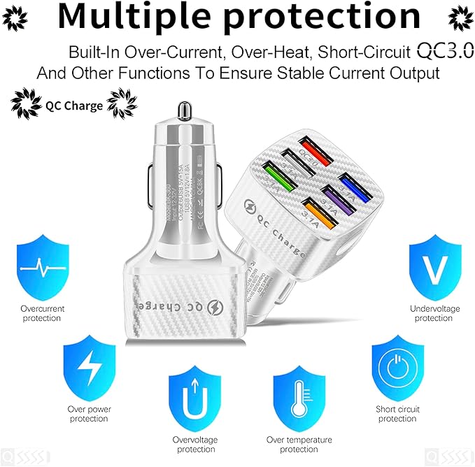 Amiss Car Charger Adapter, 6 USB Multi Port, Fast Charger, Include QC 3.0 and 5 Other Ports, Car Interior Accessories, Fit for iPhone 13/12/11/pro, Samsung Galaxy/Note S10/S9/S8 - White（2PCS）