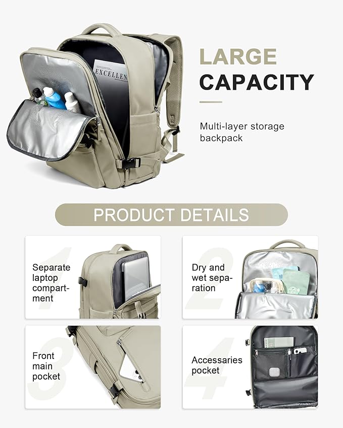 WONHOX Large Travel Backpack Women,Carry On Backpack Flight Approved 18x14x8 inches Bag Spirit Airlines Personal ltem,College Sports Hiking Rucksack Laptop Blackpack mochila de viaje,Brown