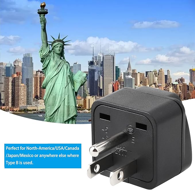 2 Pack US Travel Plug Adapter, EU,UK,AU,in,CN,JP,Asia,Italy,Brazil to USA (Type B), 3 Prong Grounded USA Wall Plug Wall Outlet Power Charger Converter (Black)