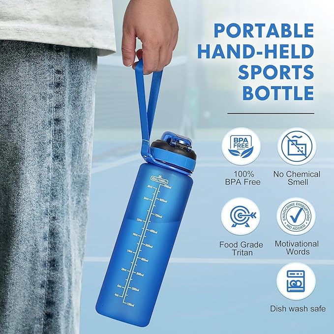 Water Bottle with Straw 1L,Boys Water Bottles with Straw 1 Litre,Waterbottle Leak-Proof Sports Water Bottle,Plastic Drinks Bottles Toxin Free，Bpa-Free (Dark Blue)