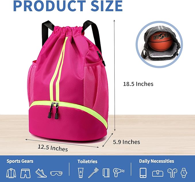 JELUTAR Drawstring Backpack Gym Bag with Shoes Compartment for Soccer, Basketball, Swim, Water-Resistant String Backpack Beach Cinch for Women Men, Rose