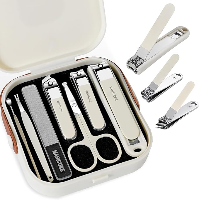 Nail Clipper Set for Men and Women, 7 Pcs Toenail Clippers, Stainless Steel Fingernail Clipper, and Travel Case Manicure Set, Gift Ideas (Beige)