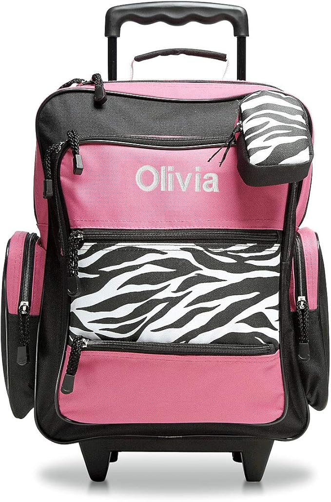Lillian Vernon Personalized Rolling Luggage for Kids, 5-Pocket Hot Pink & Zebra Print Design Suitcase Set With Clip-On Pouch, Customizable Girls Travel Carrier on Wheels, 5.5" W x 12" L x 18" H
