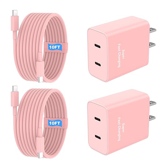 iPhone 17 16 15 Charger Fast Charging, 45W Dual USB C Android Phone Charger Block with 10FT Long Type C Cable Cord for Apple iPhone 17/Pro/Pro Max/Air/16/15 Plus/iPad/S26 Ultra/S25/S24/S23/S22(Pink)