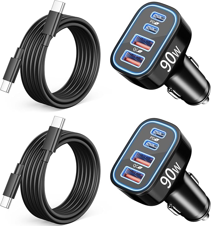 2 Pack 90W 4-Port Super Fast Type C Car Charger USB C for Samsung Galaxy S26/S25/S24/S23/ S22 Ultra, Android, iPhone 17/16/15, Cigarette Lighter USB Charger Car Adapter Accessories + 3FT USB-C Cable
