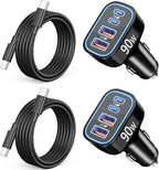 2 Pack 90W 4-Port Super Fast Type C Car Charger USB C for Samsung Galaxy S26/S25/S24/S23/ S22 Ultra, Android, iPhone 17/16/15, Cigarette Lighter USB Charger Car Adapter Accessories + 3FT USB-C Cable