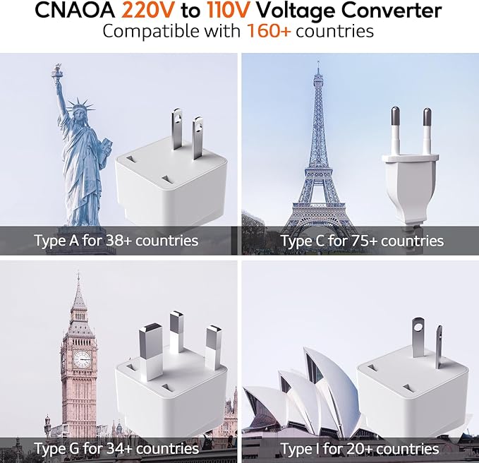 220V to 110V Voltage Converter, 350W Pure Sine Wave Voltage Converter US to Europe with 35W PD 2 Type C & 2 USB A Port, International Power Converter Combo Plug for International Travel White-I