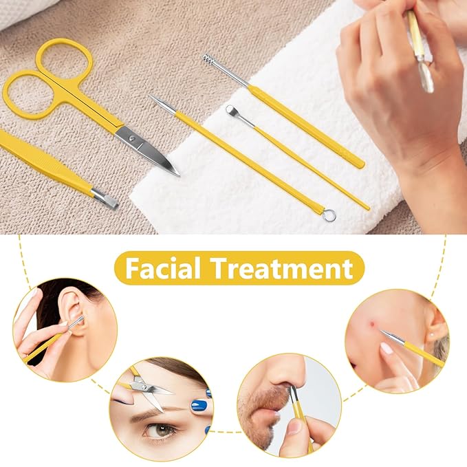 Teamkio 18pcs Manicure Set Pedicure Nail Clippers Set Travel Hygiene Kit Stainless Steel Professional Cutter Care Set Scissor Tweezers Knife Ear Pick Tools Grooming Kits with Leather Case(Yellow）