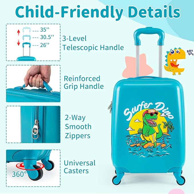 Goplus 2 PCS Kids Luggage, 13" & 16" Carry-on Suitcase w/Spinner Wheels, Telescopic Handle, Hard Shell Rolling Trolley Luggage for Toddler Boys Girls Travel, Airline Approved (Blue, Dinosaur)