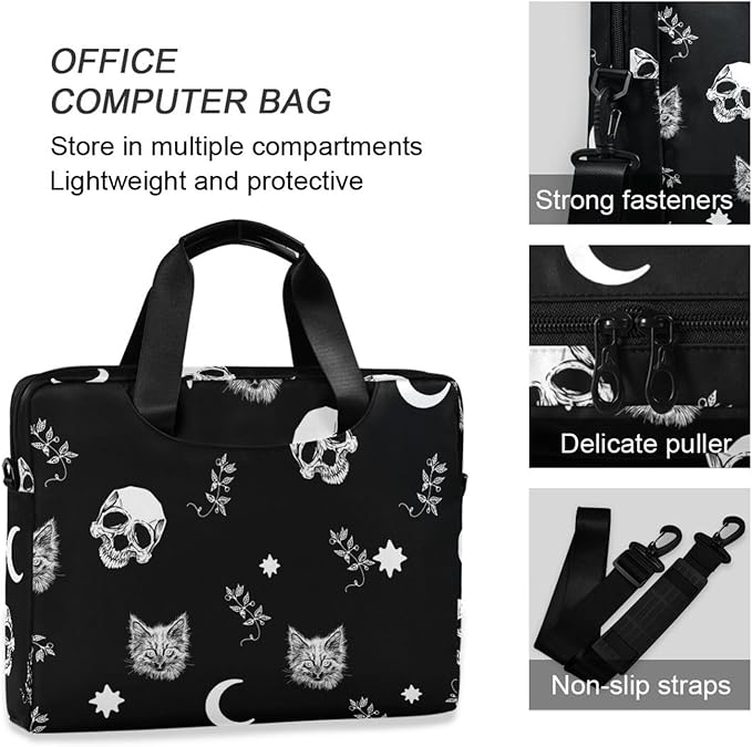 Skull Cat Moon Laptop Case 15.6 inch Computer Bag Waterproof Laptop Briefcase Laptop Bag for Women & Men