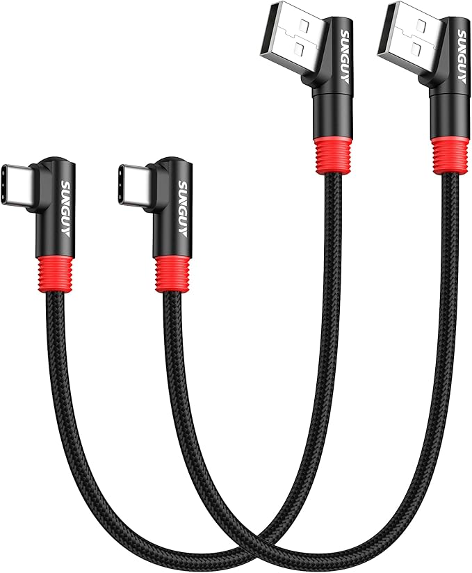SUNGUY Right Angle USB C to A Cable 2Pack [1FT/0.3m] 18W Short 90 Degree USB 2.0 USB A to C Fast Charging Data Sync Cable Nylon Braided for iPhone 16 15 Pro/Pro Max/Plus Samsung Galaxy S24/S23, iPad