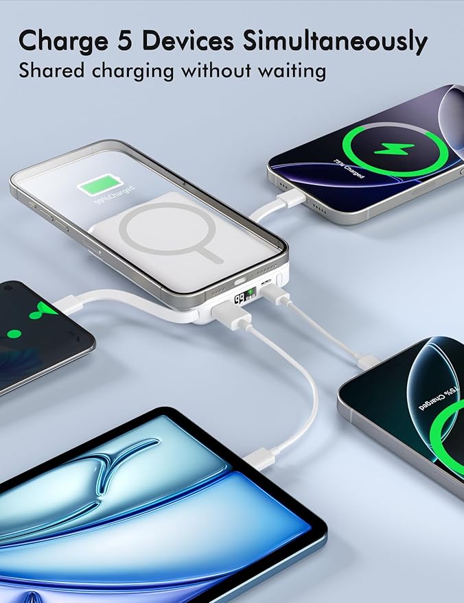 podoru for Magsafe Battery Pack, 10000mAh Magnetic Power Bank Built-in Double USB C Cables 20W PD Fast Charging LED Display Wireless Portable Charger for iPhone 17/16/15/14/13/12 Series-White