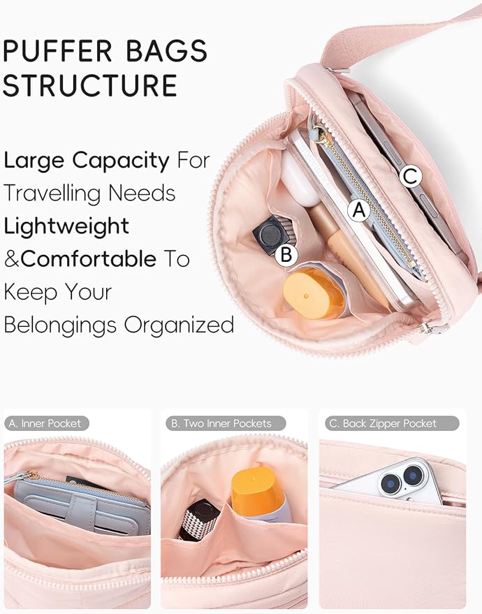 WESTBRONCO Puffer Fanny Packs for Women Quilted Nylon Waterproof Belt Bag with 2 Zipper, Puffy Crossbody Bag with Adjustable Strap, 1L Waist Bag for Travel Daily