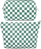 SOIDRAM 2 Pcs Checkered Makeup Bag Large Cosmetic Bag Toiletry Bag Makeup Pouch Travel Bag Organizer Cute Makeup Brushes Aesthetic Accessories Storage Bag for Women Olive Green