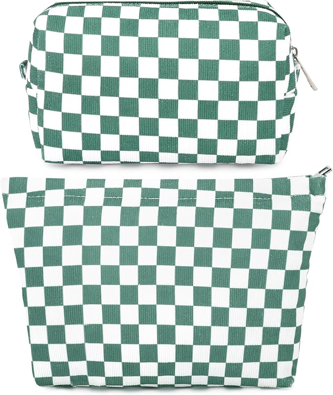 SOIDRAM 2 Pcs Checkered Makeup Bag Large Cosmetic Bag Toiletry Bag Makeup Pouch Travel Bag Organizer Cute Makeup Brushes Aesthetic Accessories Storage Bag for Women Olive Green
