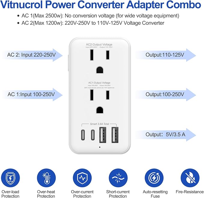 Voltage Converter US to Europe, 220V to 110V Step Down Converter for Travel, 2500W Power Converter Adapter Combo with USB-A USB-C and UK/AU/US/IT/EU Travel Plug Adapters, Hair Dryer Compatible