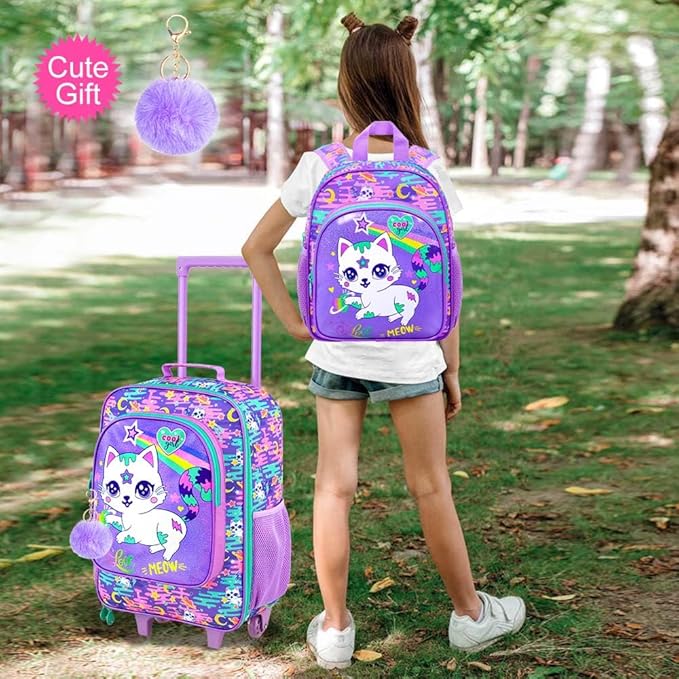 2Pcs Girls Suitcase Set, Kids Carry on Rolling Luggage with Wheels, Cat Travel Suitcases with Toddler Backpack(Pink)