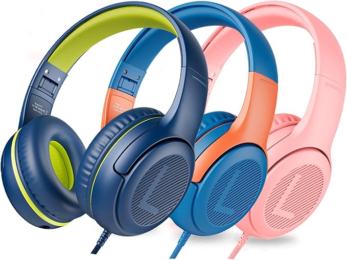 awatrue 3PCS Kids Headphones for School Travel, 85/94dB Safe Volume Limit, 3.5mm Jack, HD Mic, Portable Wired Headphone with Shareport, Stereo Sound On-Ear Headphones for Toddler Kids Girls Boys