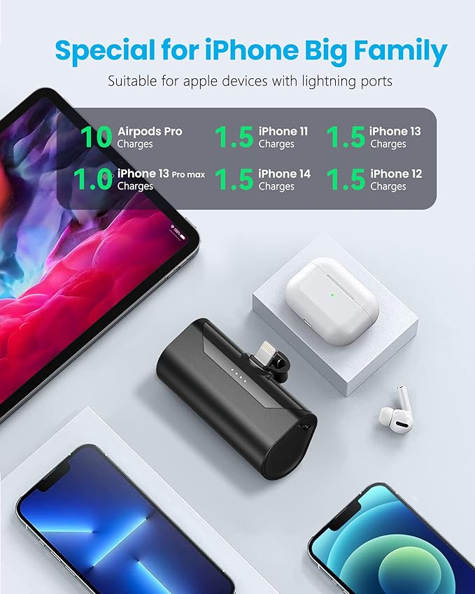 Small Portable Charger for iPhone 4800mAh Power Bank Ultra-Compact 15W Mini Battery Pack Battery Bank Charger Compatible with iPhone 14 Pro/13/12/11/8/iPad Air/Mini/Pro/AirPods Pro I/II(Black)