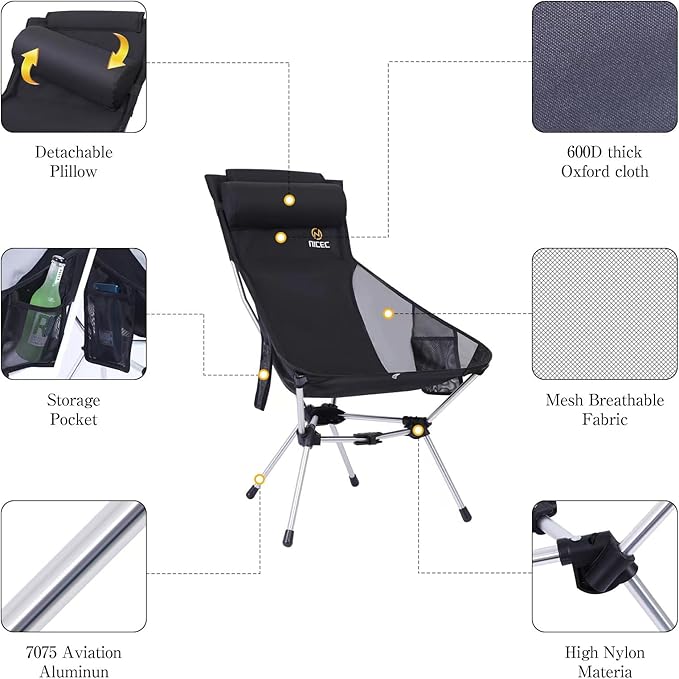 Nice C Ultralight High Back Folding Camping Chair, Collapsible Backpacking Chair, Compact & Heavy Duty Outdoor, Travel, Picnic, Festival with 2 Side Pockets, Pillow &Carry Bag (One Black)