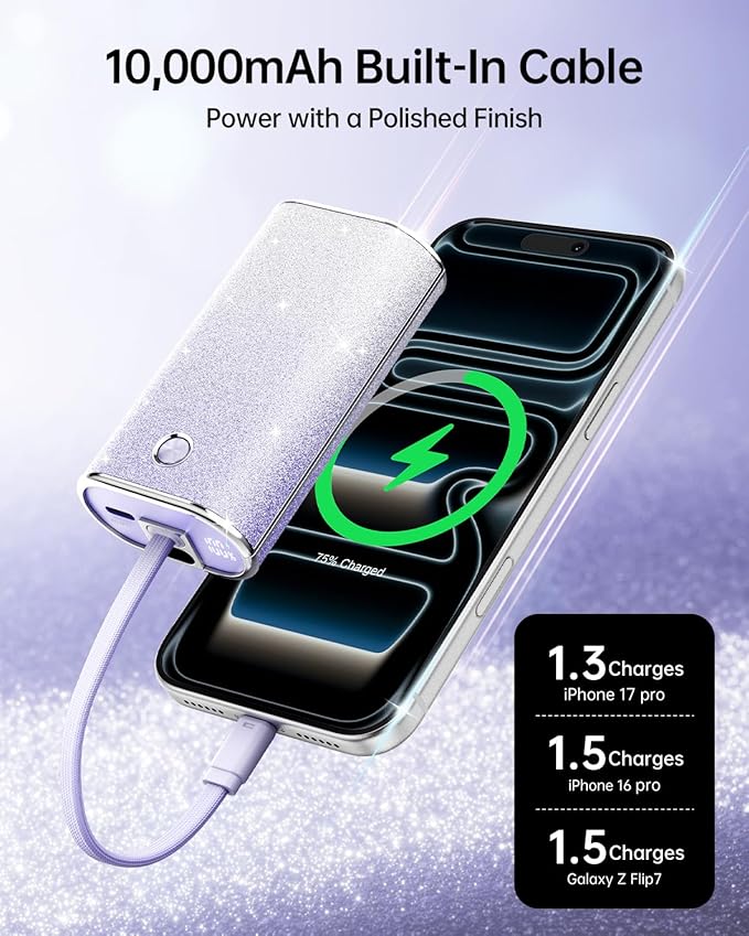 iWALK Sparkly 10000mAh Portable Charger, 22.5W Fast Charging Small Power Bank with Built-in USB-C Cable, Diamond Glitter Ultra-Compact Battery for iPhone 17/17 Pro/16/16 Pro/15, Samsung,ShinyPurple