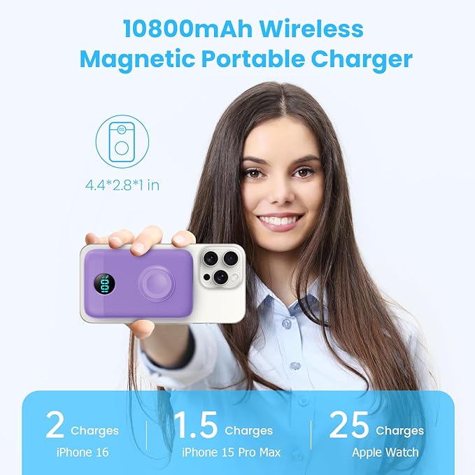 Pxwaxpy Magnetic Portable Charger 10800mAh,4-in-1 Power Bank with iWatch Charger, 25W PD Fast Charging USB C Battery Pack for Magsafe,iPhone 17/16/15/14/13/12 Series,Apple Watch (Purple)