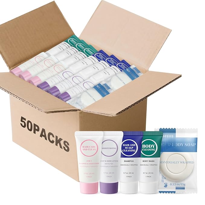 Individually Wrapped Toiletries Set Bulk, Travel Size 0.7 Fl oz Mini Body Wash Body Lotion Shampoo 2-in-1 Hair Wash & Conditioner 0.53 oz Bars Soap Toiletry Amenities for Hotel/Homeless (Pack of 50)