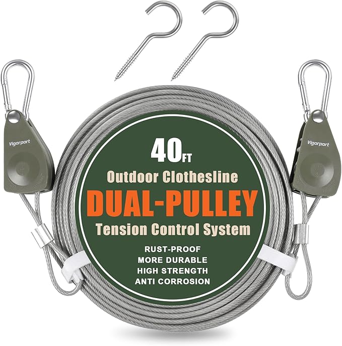 Vigorport Outdoor Retractable Clothesline, Portable Travel Clothes Line, Heavy Duty Rope Pully System with Metal Carabiner & Nylon Coating Wire Ropes for Camping, RV, Backyard（40Ft）