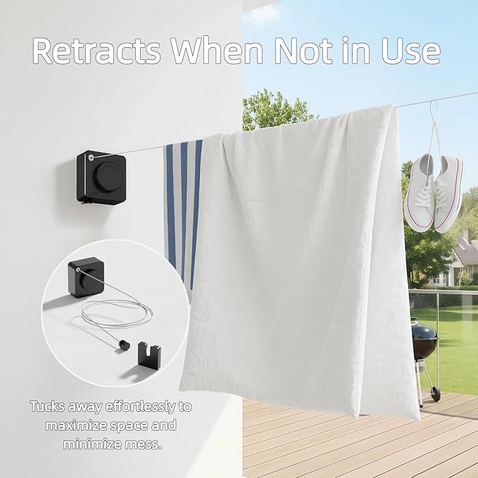 15.7Ft Retractable Clothesline Indoor & Outdoor, Heavy Duty Anti-Sag Wall Mounted Stainless Steel Laundry Drying Line for Balcony, Laundry Room, Bathroom, Motorhome, Dormitory, Travel