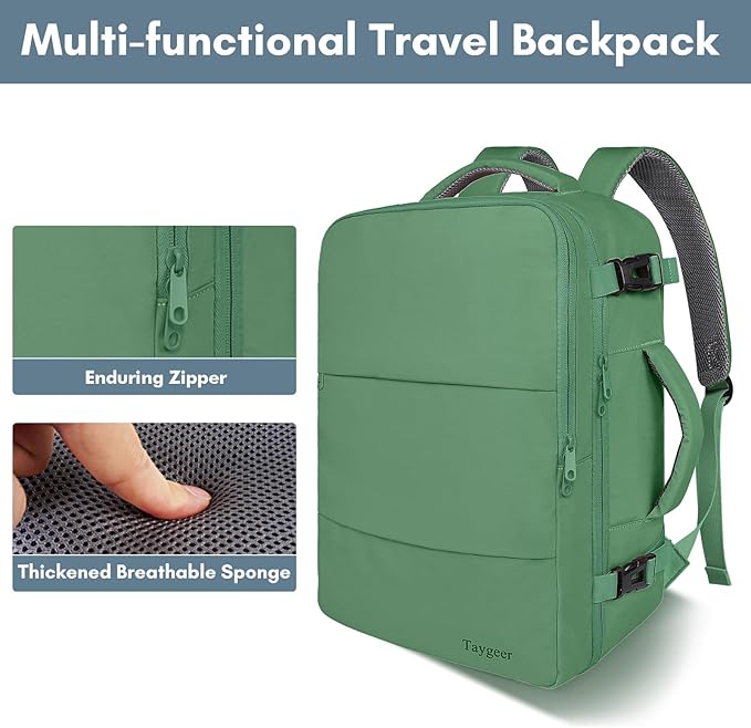 Taygeer Travel Backpack for Women Men, 40L Airline Approved Carry On Backpack with 17.3 inch Laptop Compartment, TSA Friendly Daypack, Backpack for Business Hiking Travel, Peridot Green