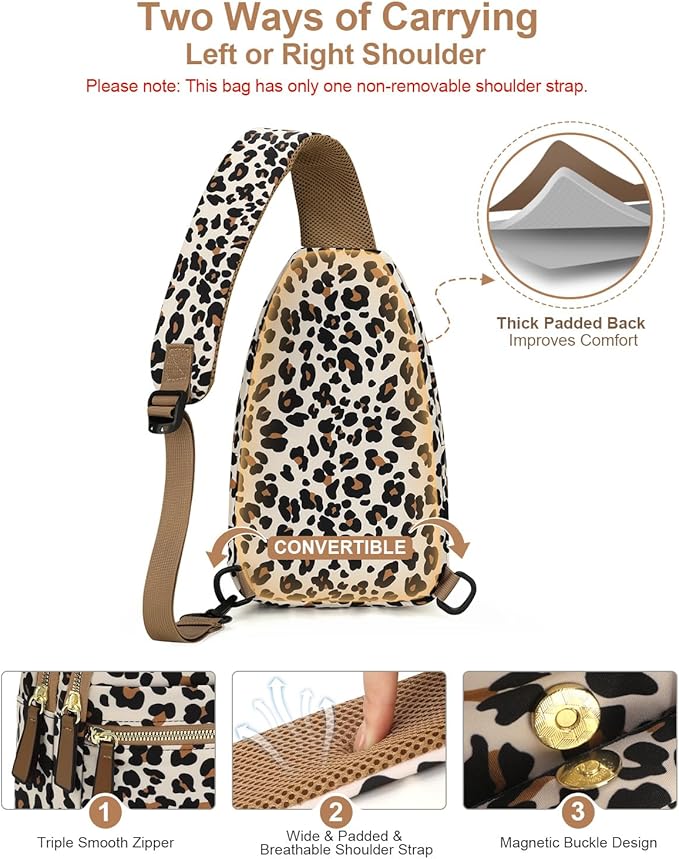 Capolo Sling Bag for Women Men Waterproof Crossbody Bags for Women Trendy Casual Fanny Pack with Convertible Shoulder Strap Chest Bag for Travel Hiking(Leopard, Medium)