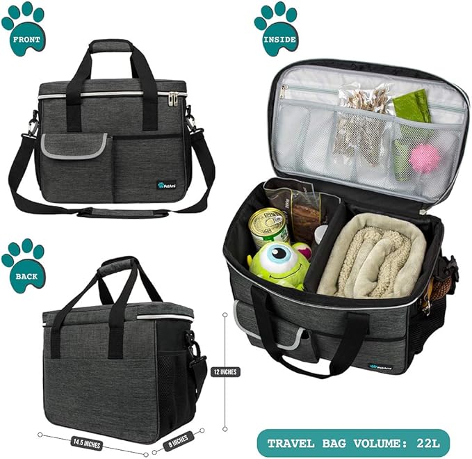 PetAmi Dog Travel Bag, Travel Pet Bag Organizer, Dog Food Travel Bag with Container Collapsible Bowls, Pet Travel Supplies Gift Accessories for Weekend Camping, Puppy Cat Diaper Bag, Charcoal Medium