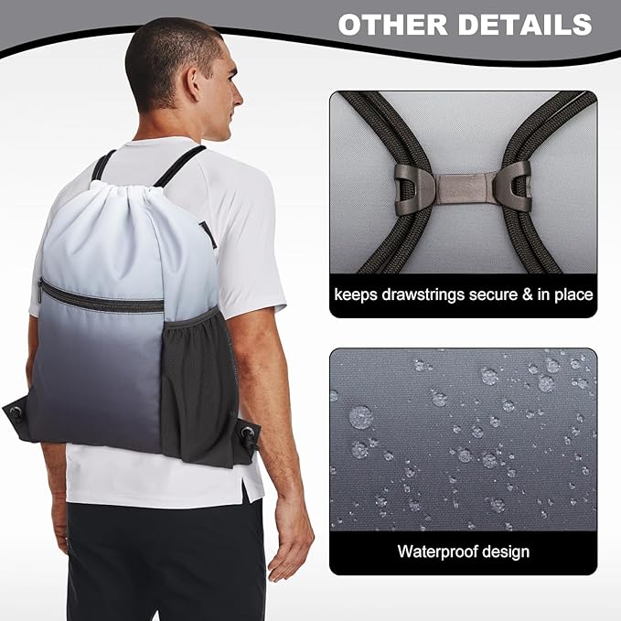 HOLYLUCK Men & Women Outdoor Sport Gym Sack Waterproof Drawstring Backpack Bag (Standard with drawstring, Gradient Black)