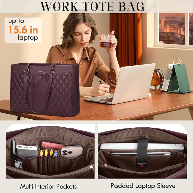 RAINSMORE Laptop Bag for Women 15.6 Inch Work Tote Bags Leather Laptop Tote Professional Laptop Purse Computer Handbag Womens Briefcase Tote with Clutch for Teacher Office Travel, Dark Purple